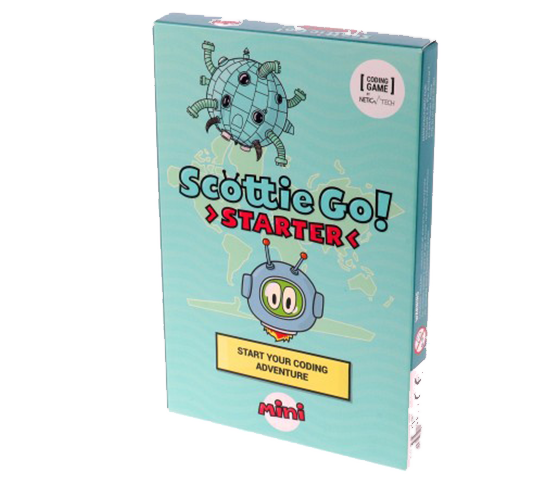 Scottie Go! Starter mini box, teal packaging with Scottie and the antagonist robot, tagline 'Start Your Coding Adventure'